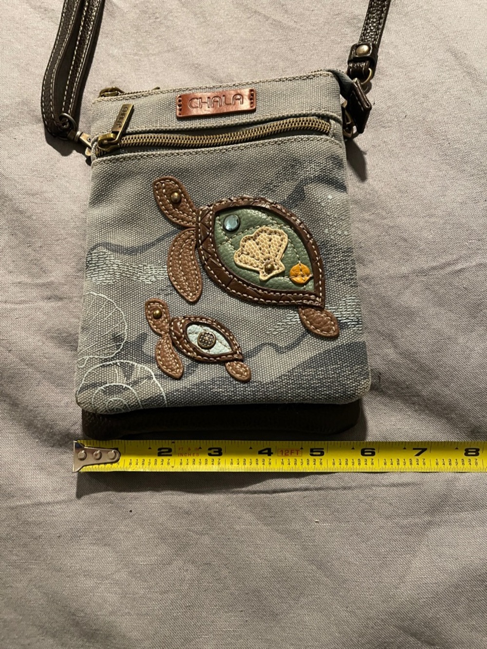 Chala Gray and Brown Turtle Appliqué Crossbody Bag - Picture 4 of 9